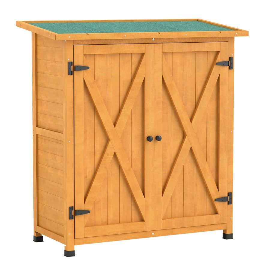 Outsunny Gartenschrank, Geräteschuppen aus Holz, Wetterfest Geräteschrank mit 2 Türen, Werkzeughaus mit Asphaltdach, Werkzeugschrank für Garten, Terrasse, 110 x 55 x 117 cm, Gelb   Aosom von Outsunny