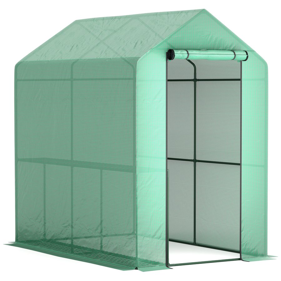Outsunny Gewächshaus PE mit 2-stöckigem Regal, Balkongewächshaus, verstärkte Abdeckung 140 g/m², Stahlgestell, aufrollbare Reißverschlusstür, für Gemüse, Pflanzen, Blumen, 186 x 120 x 190 cm, grün   Aosom von Outsunny