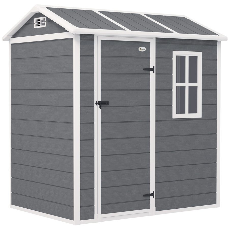 Outsunny Gerätehaus Kunststoff 2,1m² 186 x 130 x 199cm Geräteschuppen mit Satteldach Boden Fenster Abschließbarer Tür wetterfest Gartenhaus Outdoor Garten Schuppen für Hinterhof Grau   Aosom von Outsunny