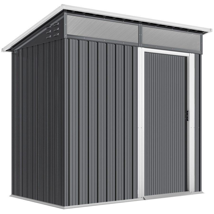 Outsunny Metall Gerätehaus 1,9m² 195x122x182cm Geräteschuppen mit Fundament Pultdach Fenster Schiebetür Haken Handschuhe wetterfest Gartenhaus Outdoor Garten Schuppen für Hinterhof Garten Dunkelgrau   Aosom von Outsunny