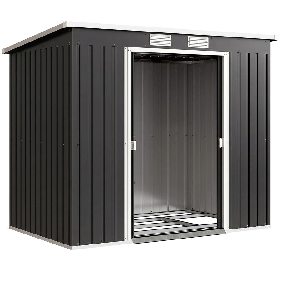 Outsunny Metall Gerätehaus 2,42 m², Geräteschuppen mit Pultdach Abschließbarer Doppelschiebetür Belüftung Bodenrahmen, 213 x 130 x 172 cm, wetterfest Outdoor Gartenhaus für Hinterhof Garten Dunkelgrau   Aosom von Outsunny
