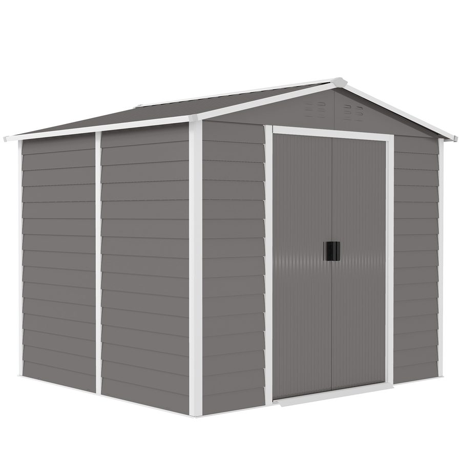 Outsunny Gerätehaus 4,4 m², Gartenhaus mit Pultdach, Schiebetür, Fundament, Einfach Montage 240 x 206 x 198 cm, Geräteschuppen aus Verzinkter Stahl, wetterfest, für Garten, Hellgrau   Aosom von Outsunny