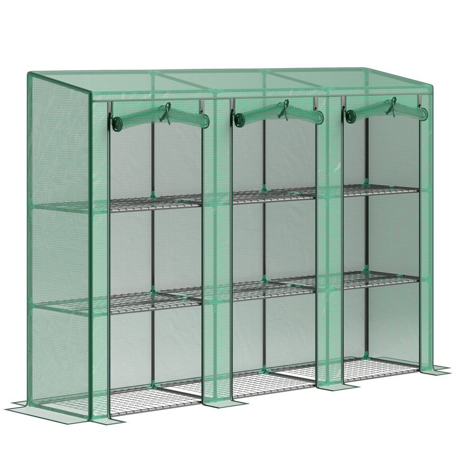 Outsunny 3-stufiges Außen-Gewächshaus mit 9 Regalen, aufrollbare Tür mit Reißverschluss, Stahlrahmen, PE-Abdeckung 140g/m² UV-beständig für Terrasse/Garten, 215x46x151cm, Grün   Aosom von Outsunny