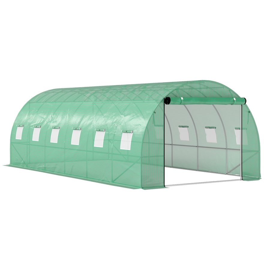 Outsunny Gewächshaus ca. 6 x 3 x 2 m Foliengewächshaus mit 12 Fenster, Rolltür, Aufrollbar Seitenwänden, UV-beständiger Folientunnel, Winterfest Tomatenhaus mit Erdanker, Grün   Aosom von Outsunny