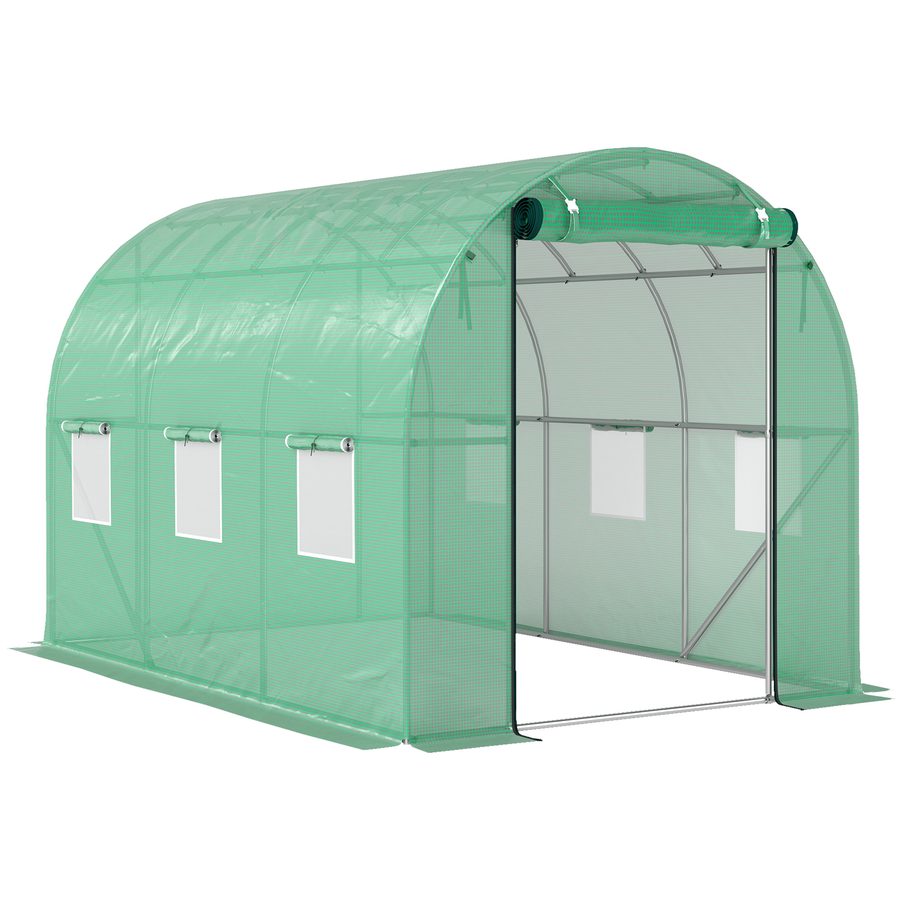 Outsunny Gewächshaus ca. 3 x 2 x 2 m Foliengewächshaus mit 6 Fenster, Rolltür, Aufrollbar Seitenwänden, UV-beständiger Folientunnel, Winterfest Tomatenhaus mit Erdanker, Grün   Aosom von Outsunny