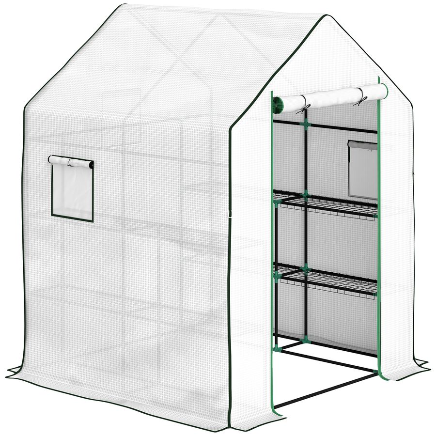 Outsunny Garten Gewächshaus Kleines 3-stufiges Gewächshaus mit 6 Regalen aus PE-Abdeckung und Stahlrahmen für Anbau von Pflanzen Blumen 140x143x190 cm Weiß   Aosom von Outsunny