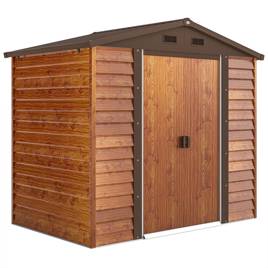 Outsunny Gerätehaus Metall im Holzoptik 3 m² 152 x 235,7 x 208,7 cm Geräteschuppen mit Satteldach Fenster Doppel Schiebetüren wetterfest Gartenhaus Outdoor Garten Schuppen für Hinterhof Braun   Aosom von Outsunny