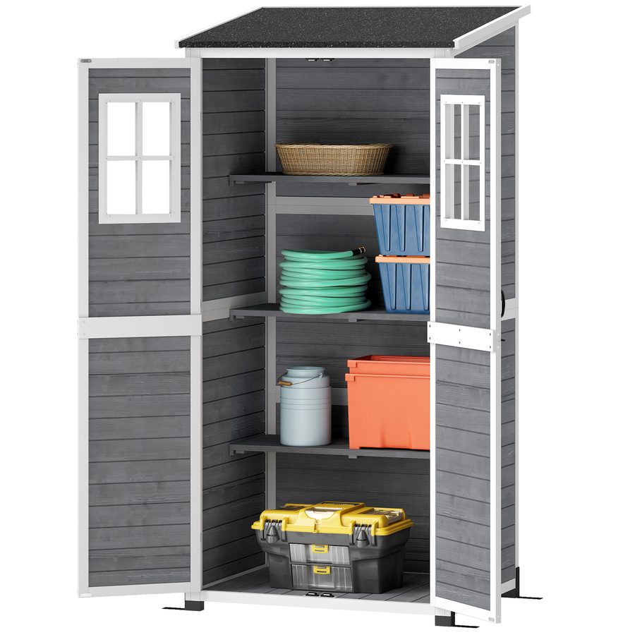 Outsunny Gartenschrank Holz, Geräteschuppen mit Abschließbar Tür 2 Fenstern Bodenplatte Asphalt-Pultdach Ablage 91x69x192cm, wetterfest Geräteschrank, Gerätehaus für Garten, Terrasse, Hellgrau   Aosom von Outsunny