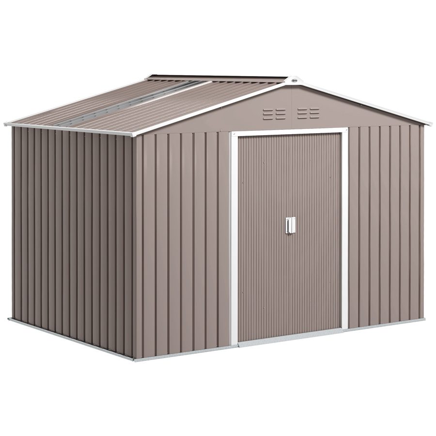 Outsunny Verzinkter Stahl Gerätehaus 4,9m² 277x195x192cm Geräteschuppen mit Satteldach, Fundament, Abschließbarer Schiebetür, wetterfest Gartenhaus, Outdoor Garten Schuppen für Hinterhof Hellgrau   Aosom von Outsunny