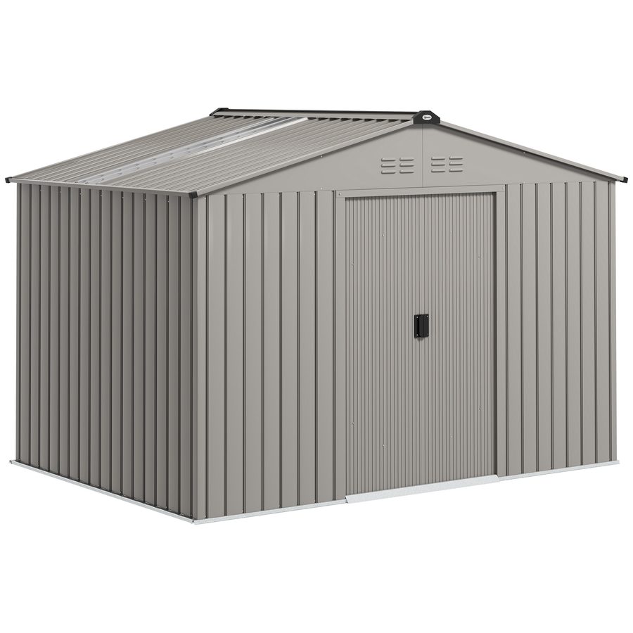 Outsunny Metall Gerätehaus 4,9 m², Gartenhaus mit Satteldach, Schiebetür, Fundament, 277 x 195 x 192 cm, Geräteschuppen aus Verzinkter Stahl, wetterfest, für Garten, Grau   Aosom von Outsunny
