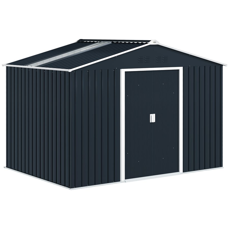 Outsunny Verzinkter Stahl Gerätehaus 4,9m² 277x195x192cm Geräteschuppen mit Satteldach, Fundament, Abschließbarer Schiebetür, wetterfest Gartenhaus, Outdoor Garten Schuppen für Hinterhof Dunkelgrau   Aosom von Outsunny