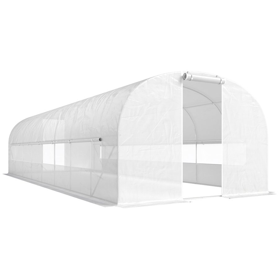 Outsunny Tunnel-Gewächshaus 24m², Tunnel-Gewächshaus 295x798x198cm mit verzinktem Stahlrahmen, Türen und 2 großen Fenstern, PE-Abdeckung hochdicht 140 g/m² mit 20 cm Überstand, weiß   Aosom von Outsunny