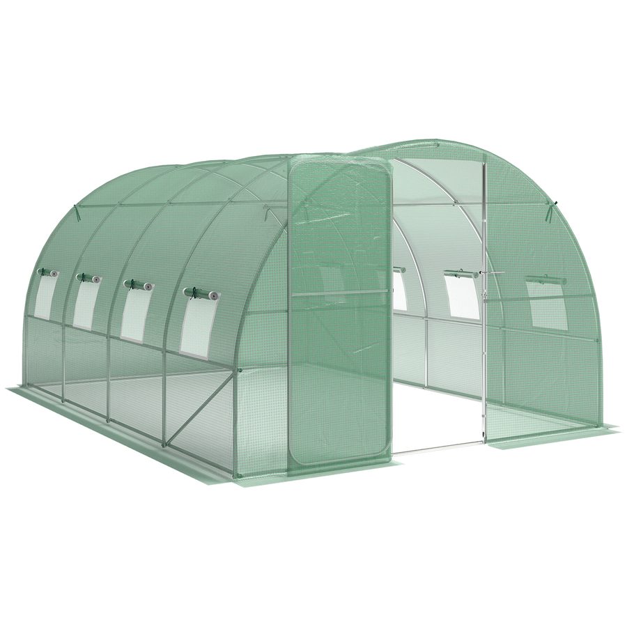 Outsunny Gewächshaus ca. 4 x 3 x 2 m Foliengewächshaus mit Abschließbar Anschlag-Tür 8 Rollbar Netzfenster Stützstangen Verlängerte Kanten, UV-beständig Folientunnel, Winterfest Tomatenhaus, Grün   Aosom von Outsunny