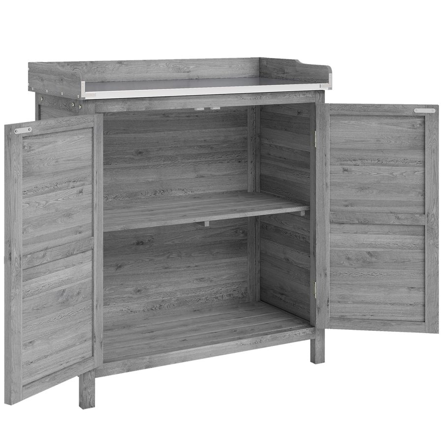 Outsunny Pflanztisch mit Unterschrank aus Holz Outdoor Gartenschrank mit verzinkter Arbeitsplatte 2 Regalböden wetterfest Gärtnertisch Arbeitstisch für Garten Balkon Terrasse 83 x 40 x 92cm Grau   Aosom von Outsunny