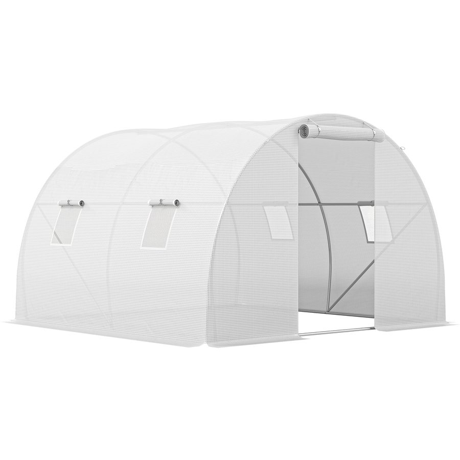 Outsunny Tunnel-Gewächshaus 9 m² Abm. 3L x 3l x 2H m - 4 Fenster, aufrollbare Reißverschlusstür - Rohrrahmen verzinkter Stahl, PE-Hochdichteplane Weiß   Aosom von Outsunny
