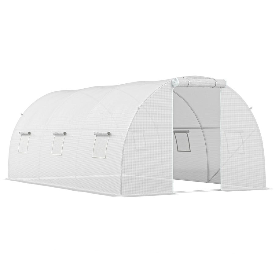 Outsunny Tunnel-Gewächshaus 13,5 m² 4,5L x 3l x 2H m - 6 Fenster, aufrollbare Reißverschlusstür - Rohrrahmen aus verzinktem Stahl, PE-Plane hochdicht Weiß   Aosom von Outsunny