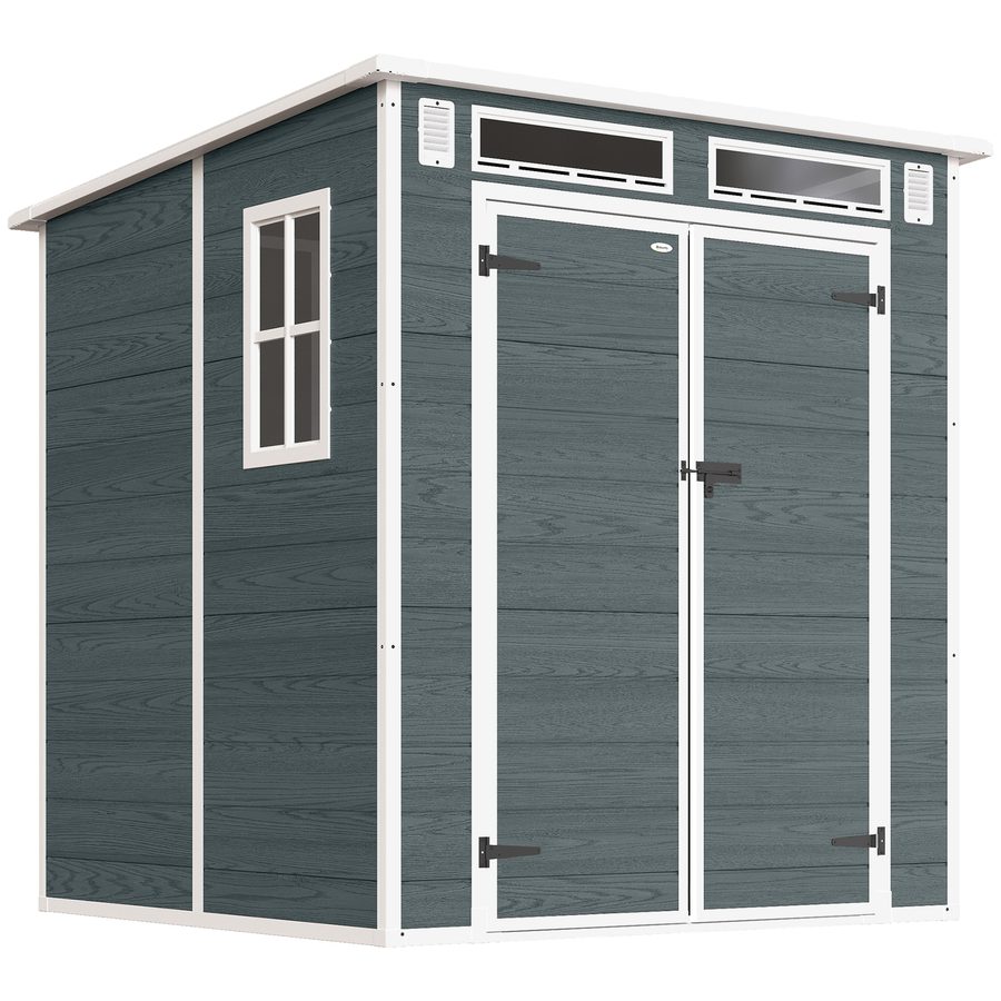 Outsunny Gerätehaus 2,89 m², Geräteschuppen mit Holzoptik 3 Fenster, 182 x 182 x 196 cm Kunststoff Gartenschuppen mit Doppeltür Belüftung Boden Schloss Handschuhe, Gartenhaus für Werkzeuge Fahrrad   Aosom von Outsunny