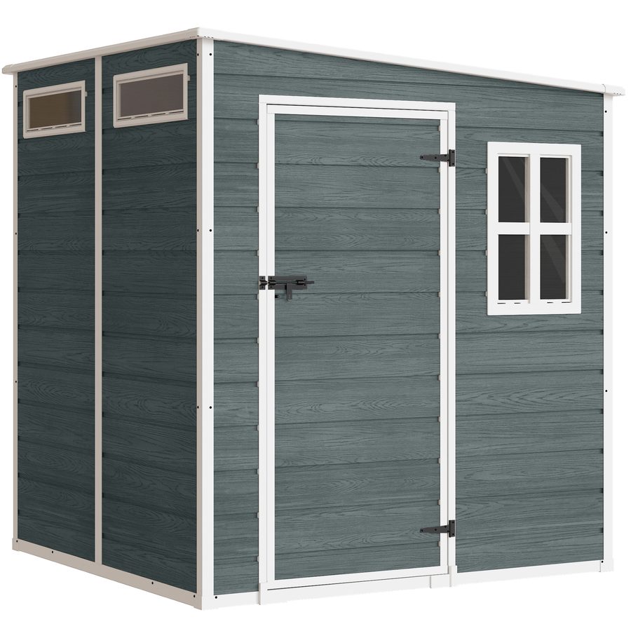 Outsunny Gerätehaus 2,89 m² Geräteschuppen mit Holzoptik 3 Fenster 182 x 182 x 196 cm Kunststoff Gartenschuppen mit Belüftung Boden Schloss Handschuhe, Gartenhaus für Werkzeuge Fahrrad Grau   Aosom von Outsunny