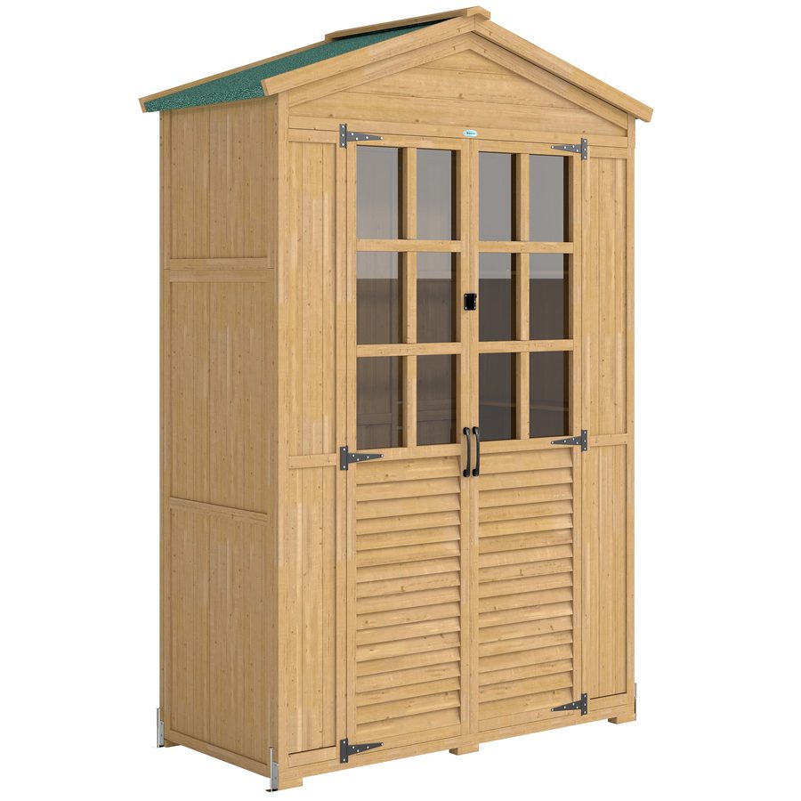 Outsunny Gartenschrank Holz geräteschuppen mit Ablage Abschließbare Tür Bodenplatte Asphalt-Dach Belüftungspaneel 128x57,5x197cm Hellbraun   Aosom.de von Outsunny