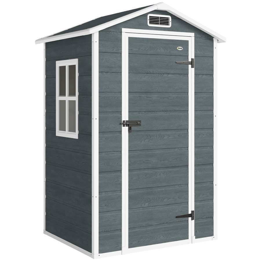 Outsunny Gerätehaus 1,1 m² Geräteschuppen mit Holzoptik Fenster 128 x 104 x 196 cm Kunststoff Gartenschuppen mit Satteldach Belüftung Boden Schloss Handschuhe, Gartenhaus für Werkzeuge Grau   Aosom von Outsunny