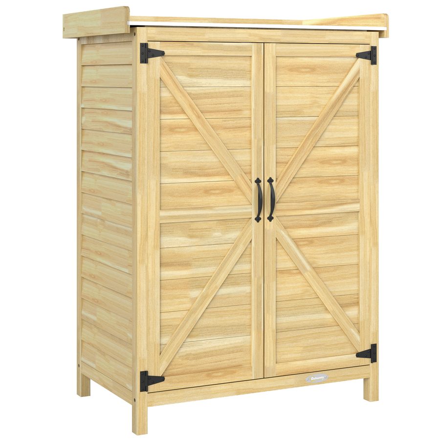 Outsunny Holz-Außenschrank, Gartenhaus mit verzinktem Metalldach, Regale, 2 Türen, Haken, Geräteschuppen zur Werkzeugaufbewahrung, 71,5x39x95 cm, Natur   Aosom von Outsunny