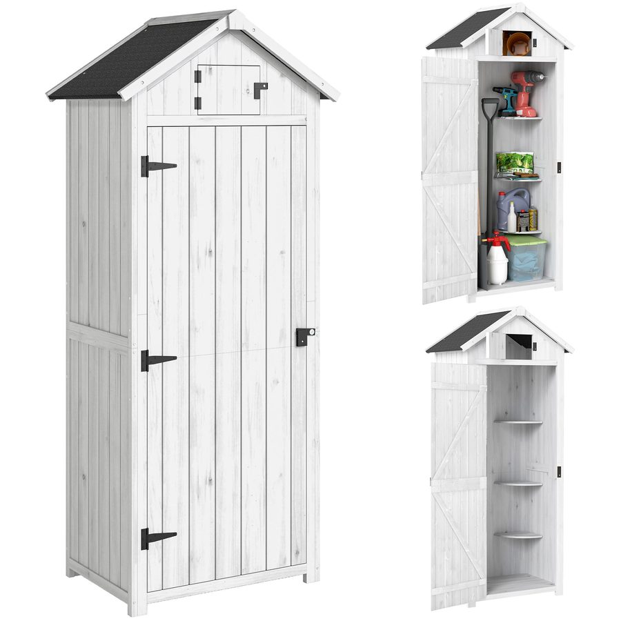 Outsunny Gartenschrank für Außen, Gartenhaus aus Holz, Gerätehaus, 3 Regale, 2 Türen mit Riegeln, bituminöses Schrägdach, 77L x 54l x 179H cm, behandeltes Fichtenholz, Hellgrau   Aosom von Outsunny