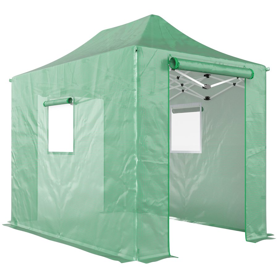 Outsunny Pop Up Gewächshaus ca. 200x300x270 cm Faltbar Foliengewächshaus mit Satteldach, aufrollbaren Reißverschlusstüren und -fenstern, Tomatenhaus Folientunnel aus PE, stabiles Pflanztunnel Grün   Aosom von Outsunny