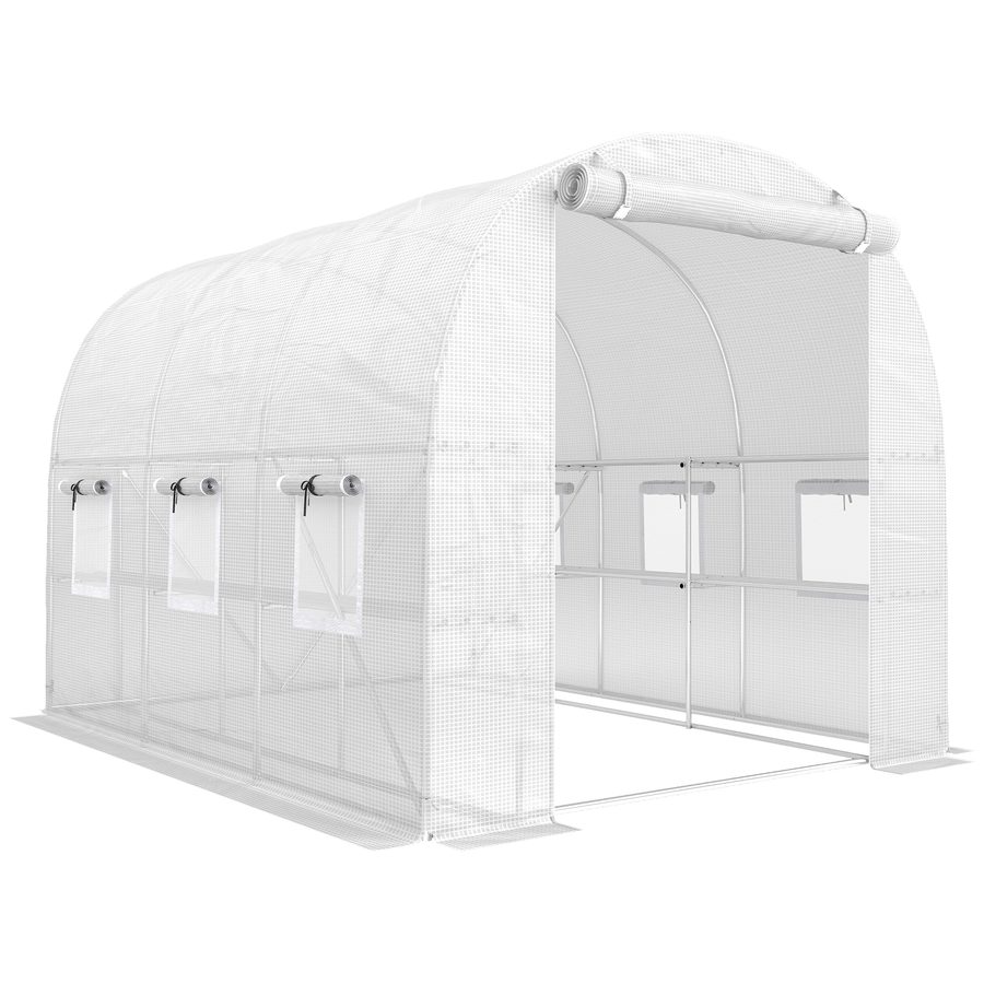 Outsunny Gewächshaus ca. 2,7 x 2 x 2 m Foliengewächshaus mit Regalen Rollbar Reißverschlusstür 6 Netzfenster Stützstangen, UV-beständig Folientunnel, Winterfest Tomatenhaus, Weiß   Aosom von Outsunny