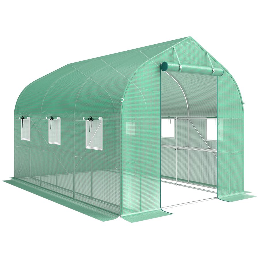 Outsunny Tunnel-Gewächshaus 6 m², Gewächshaus mit Regalen, 198 x 293 x 194 cm, verzinkter Stahlrahmen, Tür und 6 Fenster, für Außenbereich, ganzjährig, PE-Abdeckung 140 g/m², grün   Aosom von Outsunny
