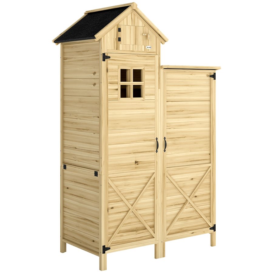 Outsunny Gartenschrank aus Fichtenholz mit Doppelzonen-Design, Geräteschuppen für den Außenbereich mit herausnehmbaren Regalen, Fenster, Schrägdach mit Bitumen, Türen, 106x57x167 cm, Holzfarbe   Aosom von Outsunny