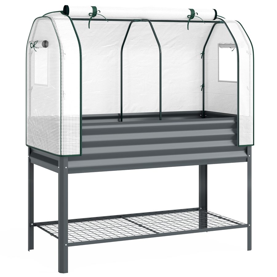 Outsunny Hochbeet mit Frühbeetaufsatz aus Metall Pflanzkasten mit Gewächshaus Ablagefach, Erhöhtes Frühbeet Pflanzbeet 120 x 55 x 140cm Kräuterbeet für Garten Balkon Terrasse Dunkelgrau   Aosom von Outsunny