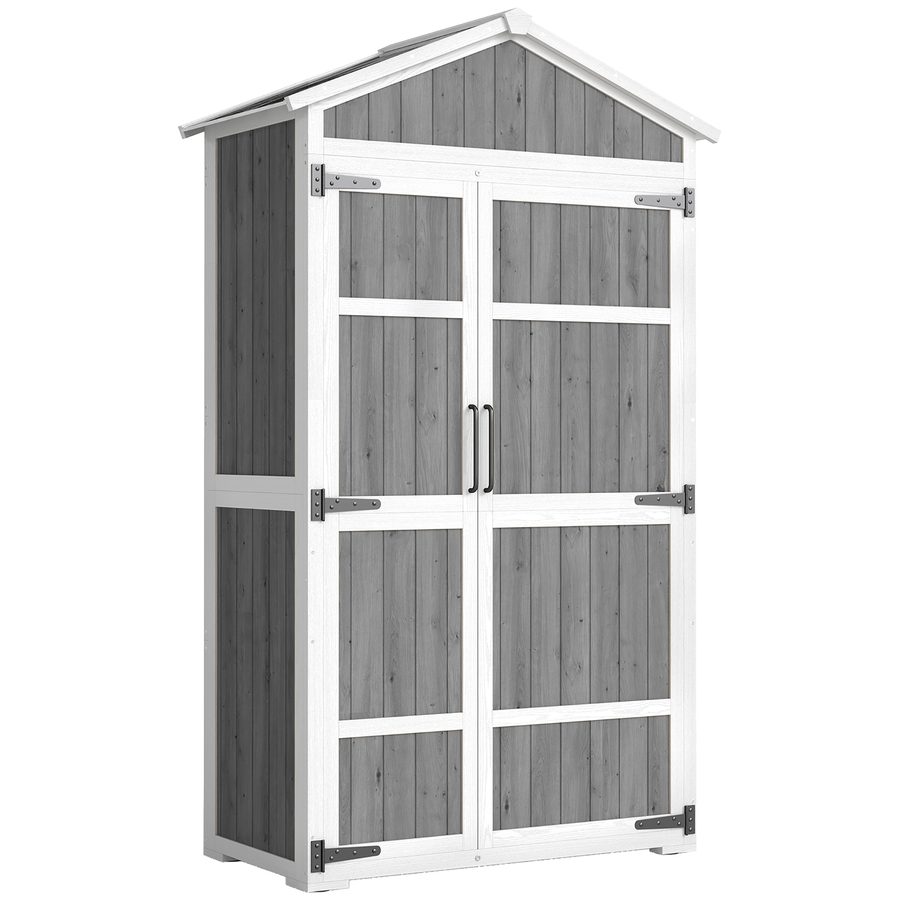 Outsunny Gartenschrank aus Holz - Wasserdichter Außenschrank mit Metalldach - Aufbewahrungsschrank für Terrasse mit Doppeltür für Gartengeräte 105x55x179cm, Weiß und Grau   Aosom von Outsunny