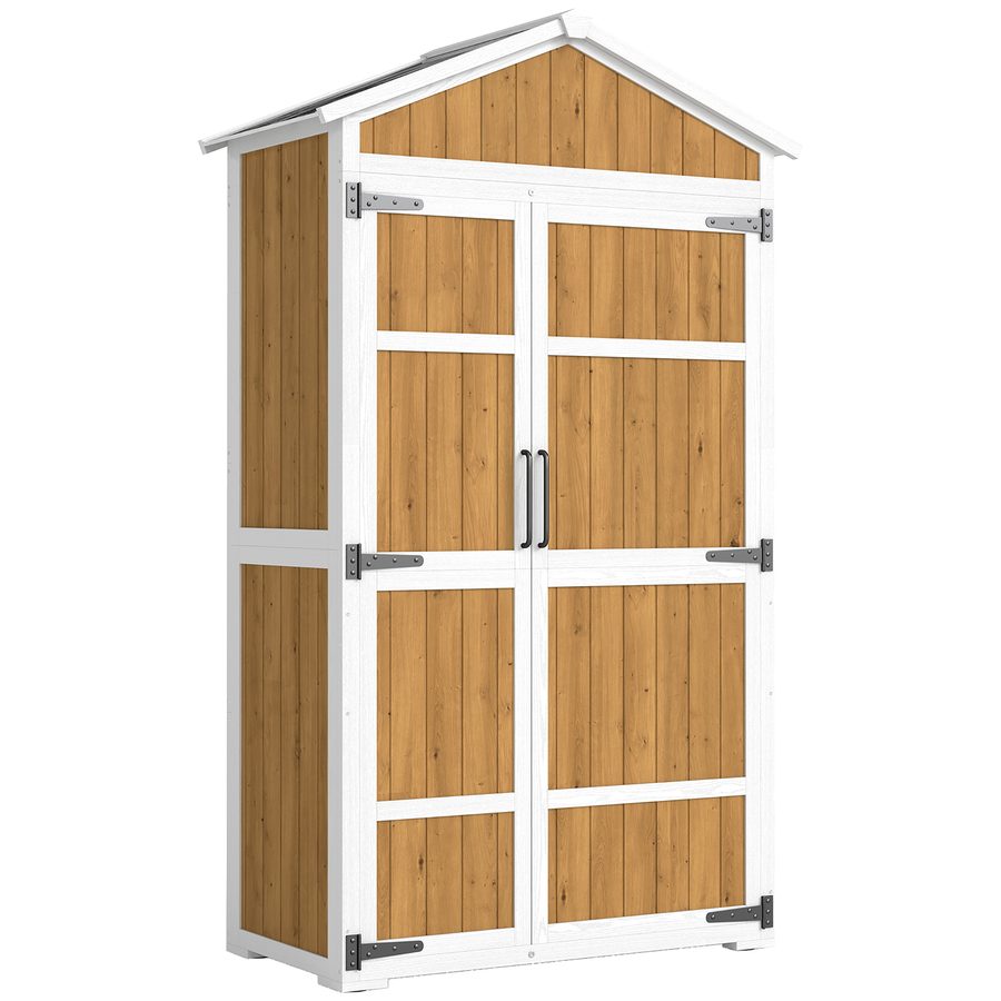Outsunny Gartenschrank aus Holz - Wetterfester Außenschrank mit Metalldach - Aufbewahrungsschrank für Gartenwerkzeuge 105x55x179cm, Weiß und Natur   Aosom von Outsunny