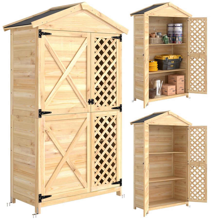 Outsunny Gartenschrank aus Fichtenholz mit Umkippschutz-Kit, Außengerätehaus mit belüfteten Türen, abnehmbare Regale, geneigtes Asphaltdach, 101,5x49x176 cm, Holzfarbe   Aosom von Outsunny