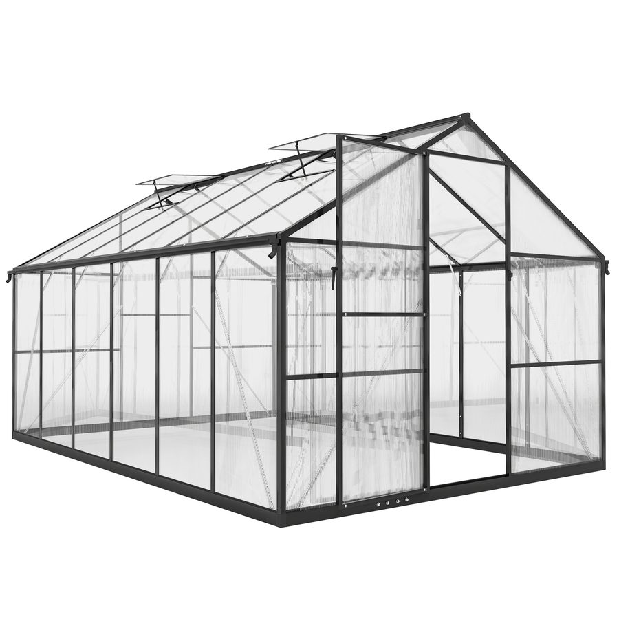 Outsunny Gewächshaus aus Aluminium mit Polycarbonat, Gewächshaus mit verstellbaren Oberfenstern, Flügeltür und Dachrinnen, wetterfester Außenunterstand für Pflanzen Blumen transparent   Aosom von Outsunny