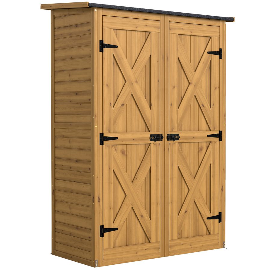 Outsunny Holz-Aufbewahrungsschrank, Gartenschrank mit 2 Regalen, Doppeltüren und Verschlüssen, Werkzeugschrank mit geneigtem Dach für Terrasse, Garten, Garage, Braun   Aosom von Outsunny