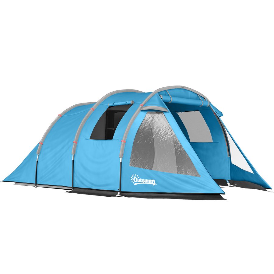 Outsunny Tunnelzelt 4-Personen  Campingzelt mit 2 Räumen, UV-Schutz, Fenster, Tragetasche, 2000mm Wassersäule, Blau  Aosom von Outsunny