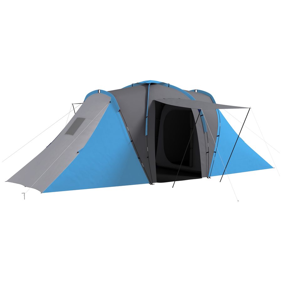 Outsunny Tunnelzelt, Campingzelt für 4-6 Personen, mit 2 Schlafzimmern Wohnbereich, Familienzelt mit Tragetasche, 2000mm Wasserabweisend Gruppenzelt, für Garten, Camping, Grau+Blau   Aosom von Outsunny