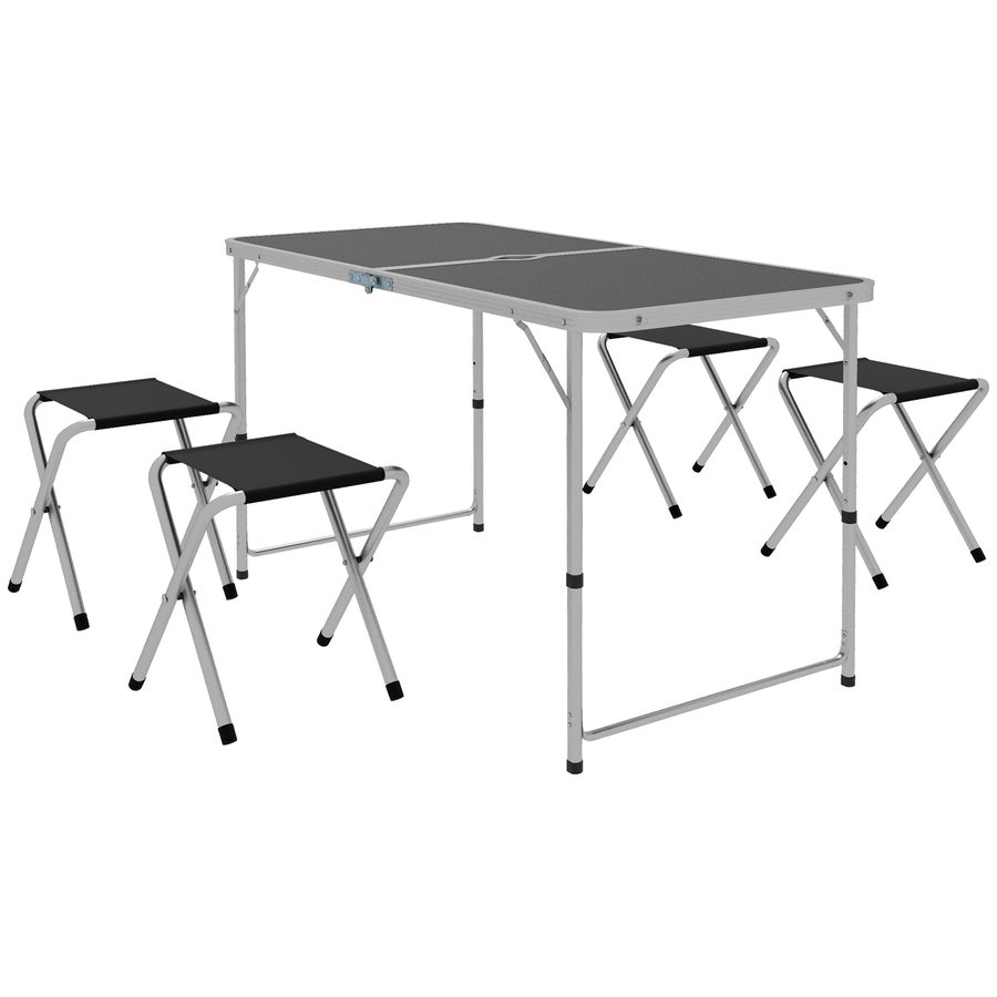 Outsunny Set zusammenklappbarer Campingtisch mit 4 Stühlen, höhenverstellbarer Picknicktisch, 4 Bänke und Sonnenschirmöffnung, aus Aluminium, für Picknick, See, Strand, Garten, Schwarz   Aosom von Outsunny