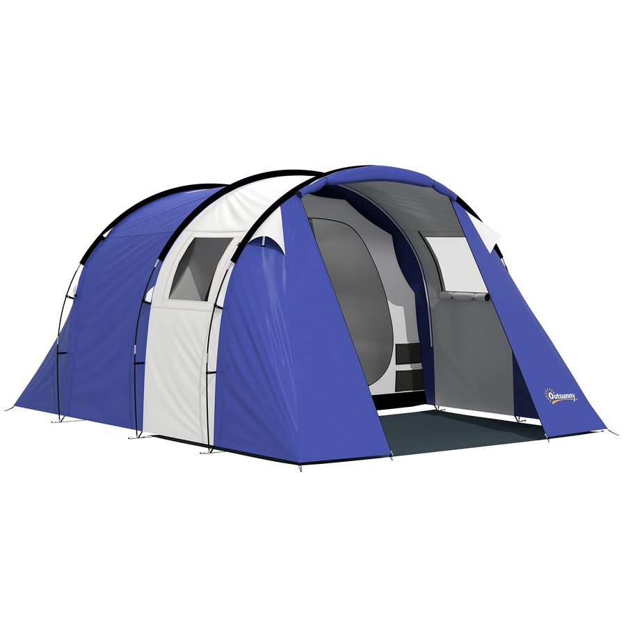 Outsunny Campingzelt für 4 Personen, Familien-Tunnelzelt mit 2 Schlafräumen, 3000 mm wasserdicht, einfacher Aufbau, mit 3 Fenstern und Vordach, Bodenplane, Tragetasche, Dunkelblau   Aosom von Outsunny