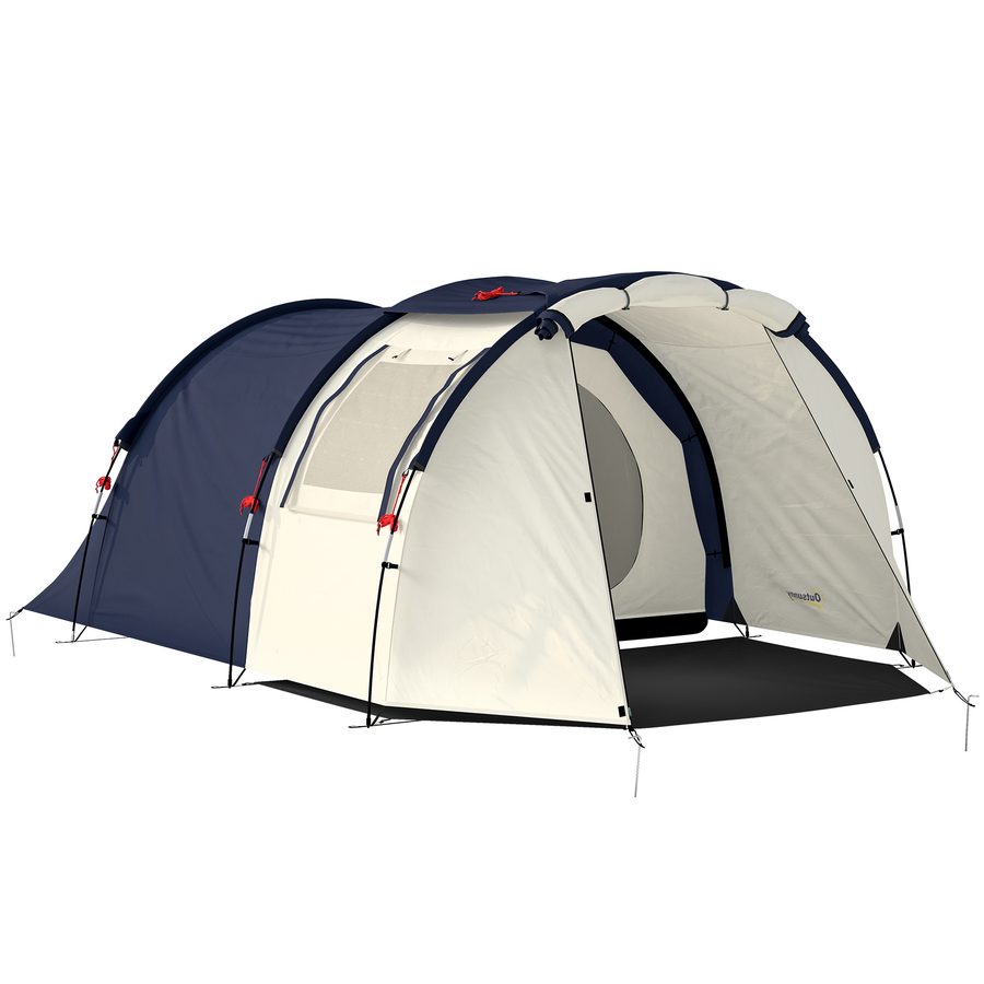 Outsunny Tunnelzelt 4 Personen Familienzelt mit Schlaf- und Wohnzimmer Fenstern Bodenplane Stehhöhe 3000 mm Wassersäule, wasserdicht Campingzelt mit Tragetasche Camping Zelt Marineblau+Cremeweiß   Aosom von Outsunny