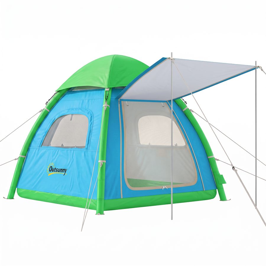 Outsunny Aufblasbares Zelt 3 Personen Schneller Aufbau Outdoor Camping Zelt mit Luftpumpe Meshfenster abnehmbar Dach fluoreszierend Heringen Stehhöhe Vordach 3000 mm Wassersäule Air Glamping Zelte   Aosom von Outsunny