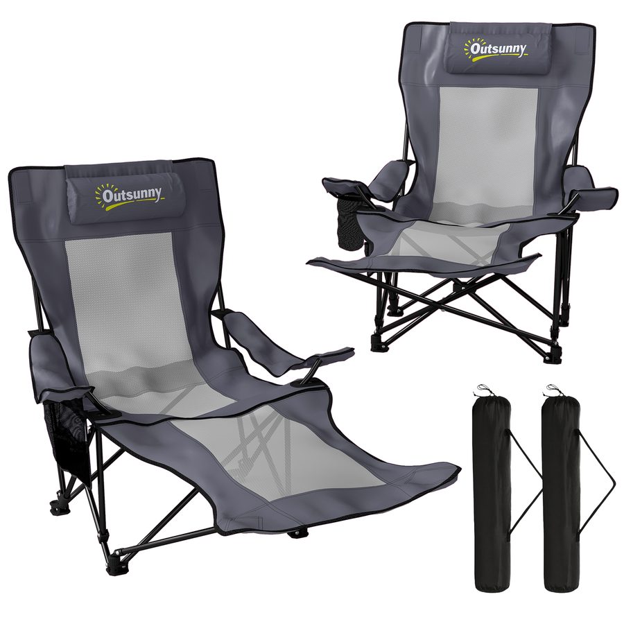 Outsunny 2er Set Campingstuhl faltbar Angelstuhl mit verstellbarer Rückenlehne Fußablage Getränkehalter Kopfstütze Gartenstuhl bis 120 kg Liegestuhl für Erwachsene Klappstuhl Strandstuhl Campingstühle   Aosom von Outsunny
