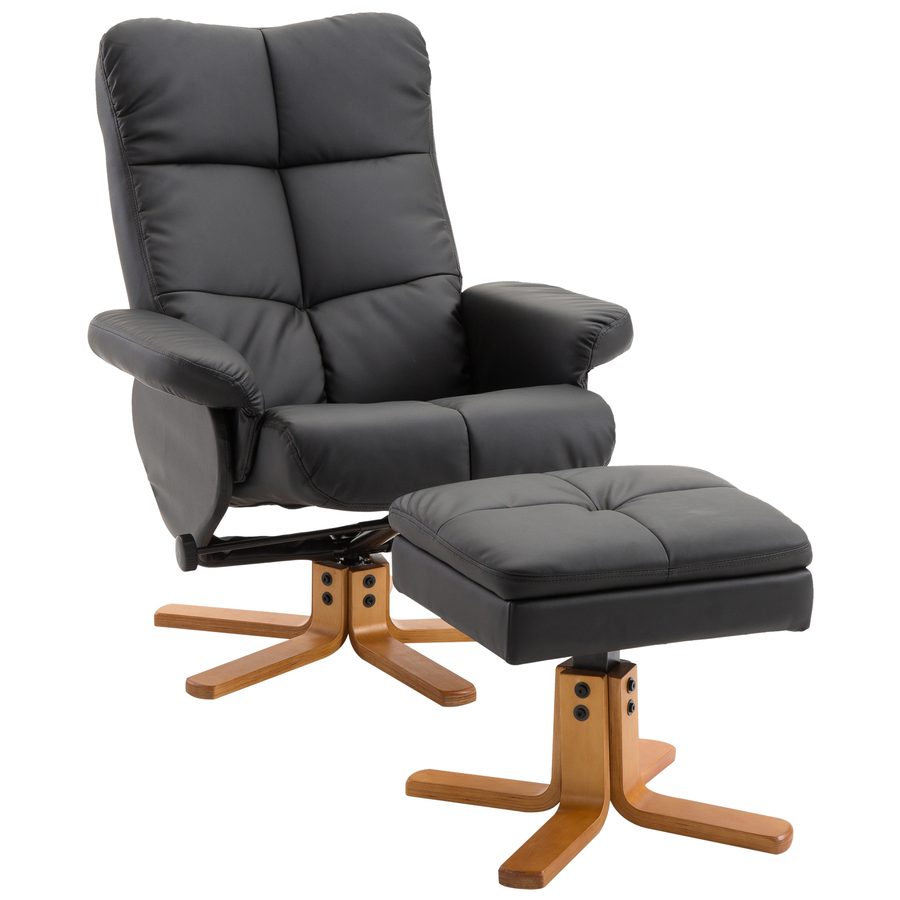HOMCOM Relaxsessel mit Hocker  Fernsehsessel mit Liegefunktion, 360° drehbar, PU, Holzgestell, Schwarz, 80x86x99cm  Aosom von HOMCOM