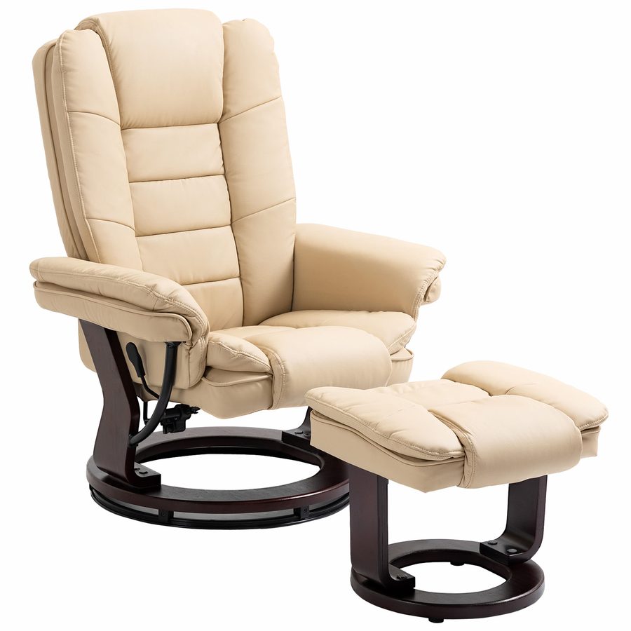 HOMCOM Relaxsessel mit Fußhocker, Rückenlehne bis 135° verstellbar, 360° drehbarer Sitz, gepolsterter Komfortsitz, PU-Bezug, für Wohnzimmer, Schlafzimmer, Büro, beige   Aosom von HOMCOM