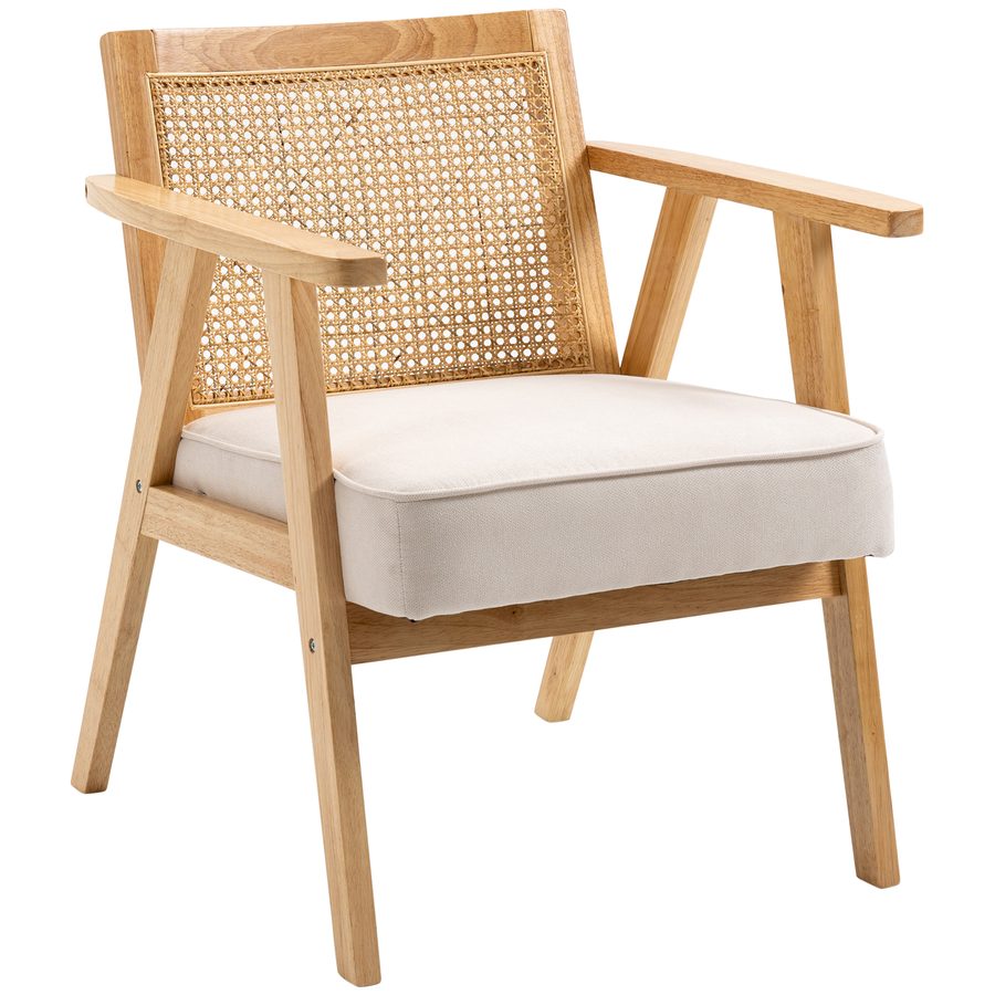 HOMCOM Sessel Wohnzimmer Relaxsessel mit Armlehnen, Sitzkissen, Loungesessel mit Rattan-Rückenlehne, Lesesessel mit Leinen-Optik, Holzrahmen, Polstersessel für Schlafzimmer Creme   Aosom von HOMCOM