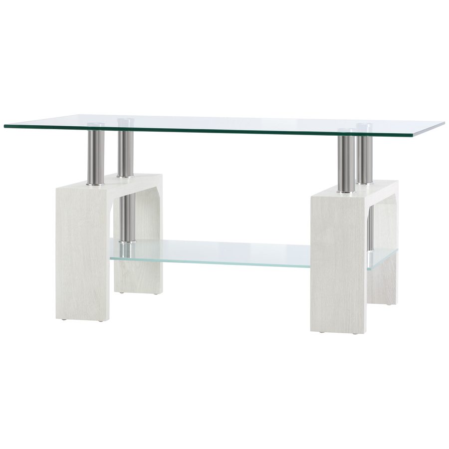 HOMCOM Couchtisch mit 2 Ebenen, Moderner Wohnzimmertisch mit Glasplatte und Holz- und Edelstahlgestell, 90x50x42cm, Weiß   Aosom von HOMCOM
