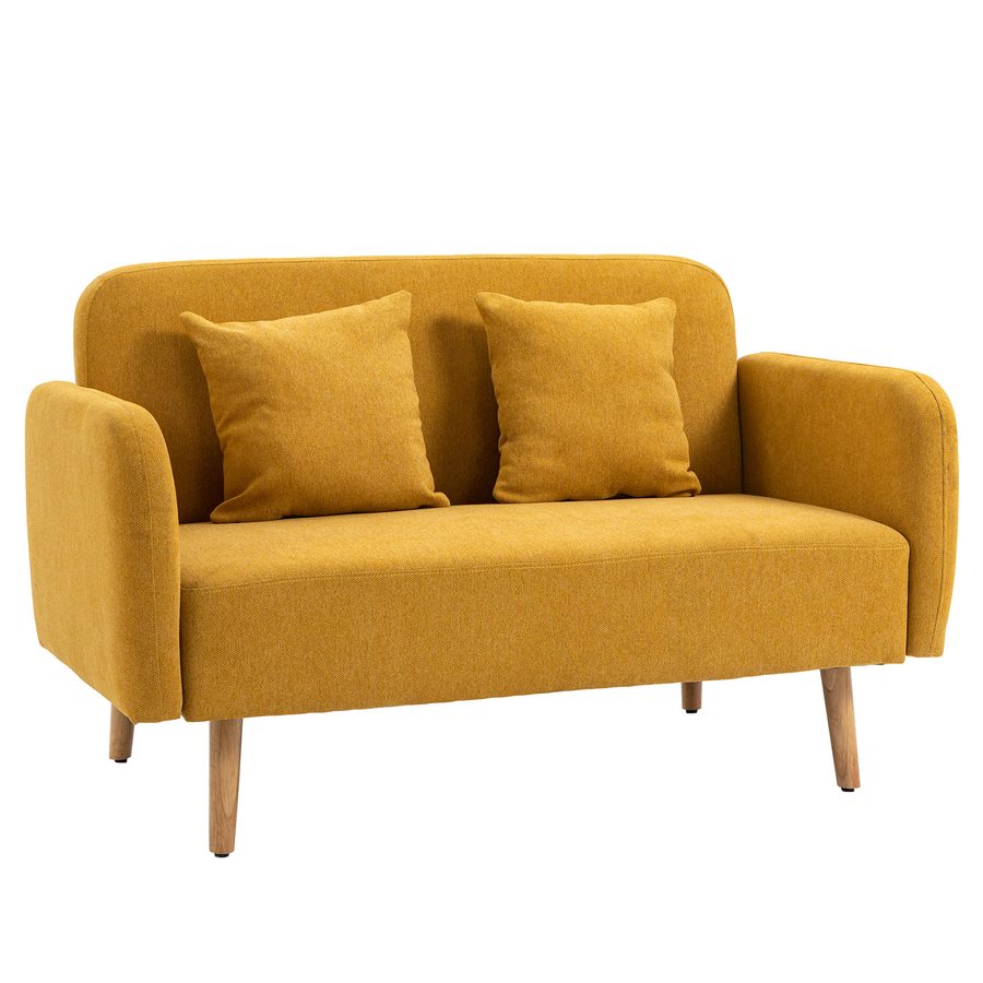 HOMCOM Doppelsofa  Loveseat mit Kissen, einstellbare Fußrasten, samtartiges Polyester, Schaumstoff, kompaktes Design, 2-Sitzer, Natur+Gelb  Aosom von HOMCOM