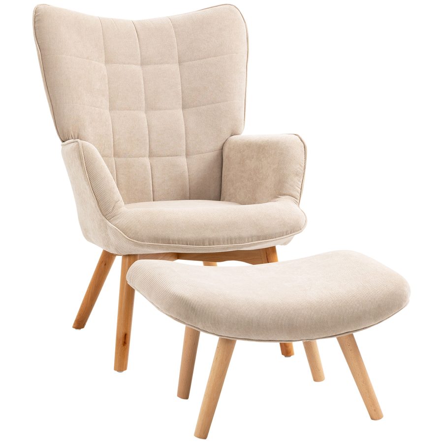 HOMCOM Ohrensessel mit Hocker Relaxsessel Polstersessel Cord-Optik Loungesessel Armlehnstuhl Holzbeine Fernsehsessel Beige für Wohnzimmer   Aosom.de von HOMCOM