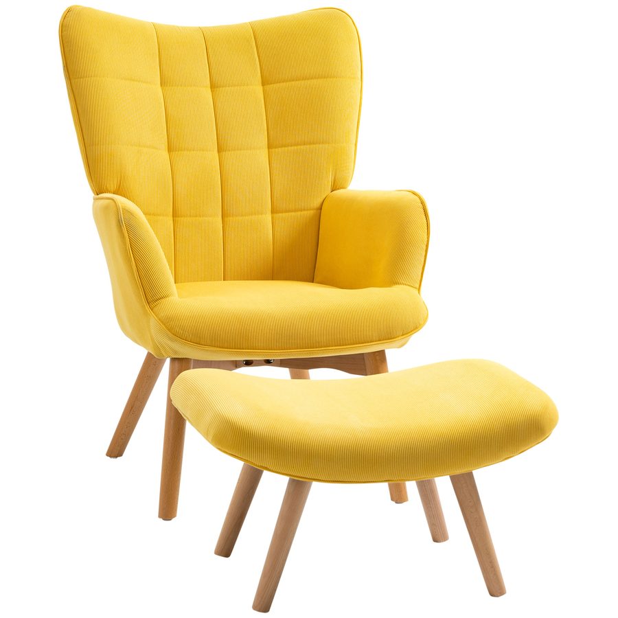 HOMCOM Relaxsessel Loungesessel Ohrensessel mit Hocker in Gelb, Armlehnstuhl mit Holzbeinen, Cord-Optik für gemütliches Sitzen   Aosom.de von HOMCOM